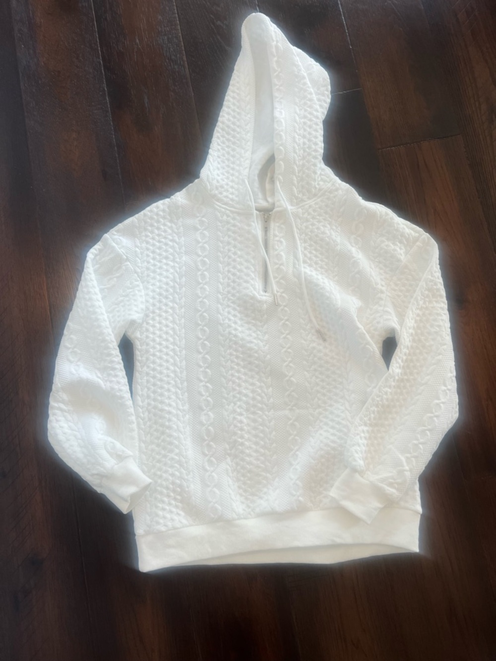 White Hooded quarter zip Cable-Knit Pullover Top